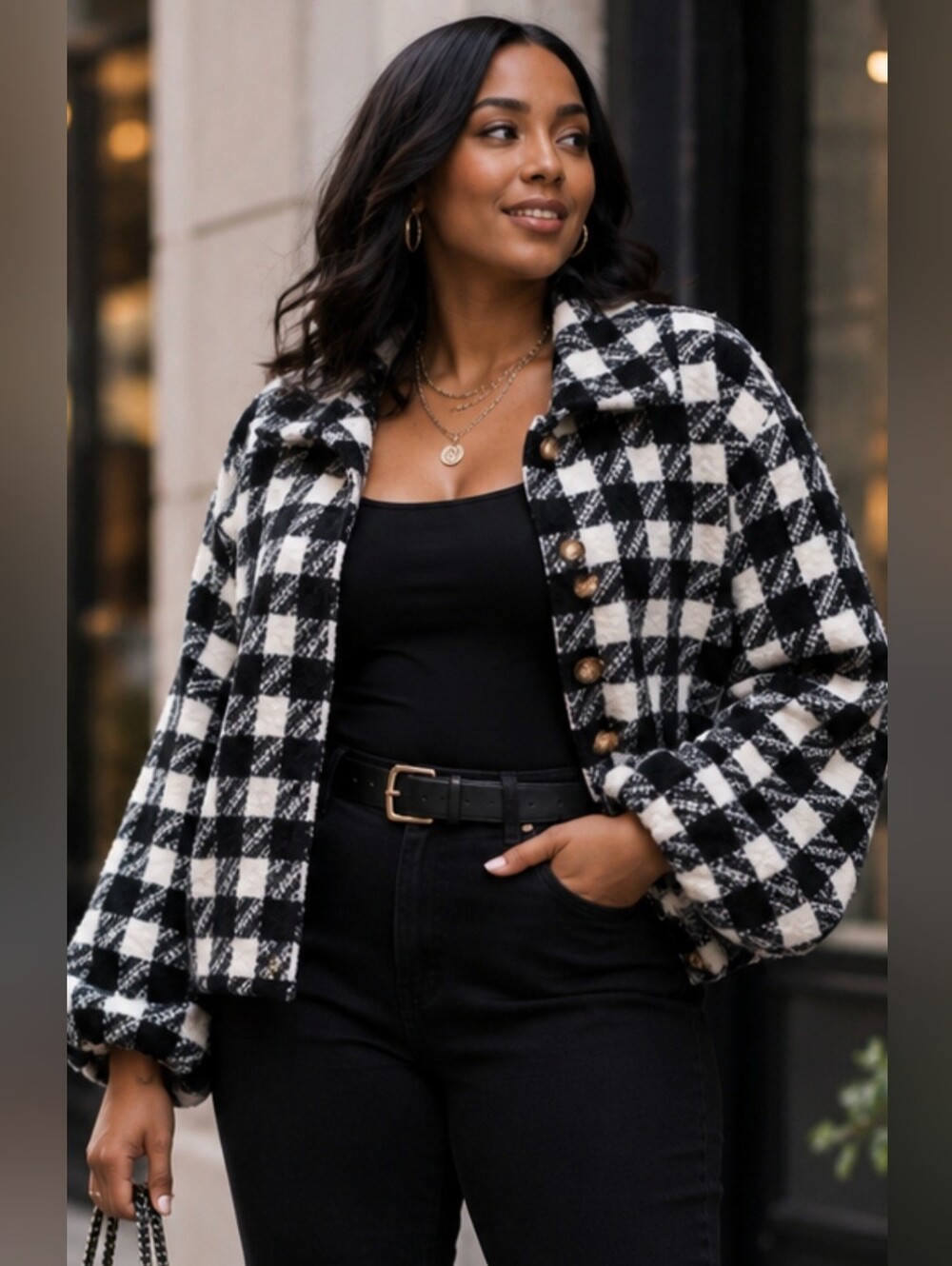🖤🤍 HYFVE Black & White Check Batwing Jacket – Size L 🤍🖤